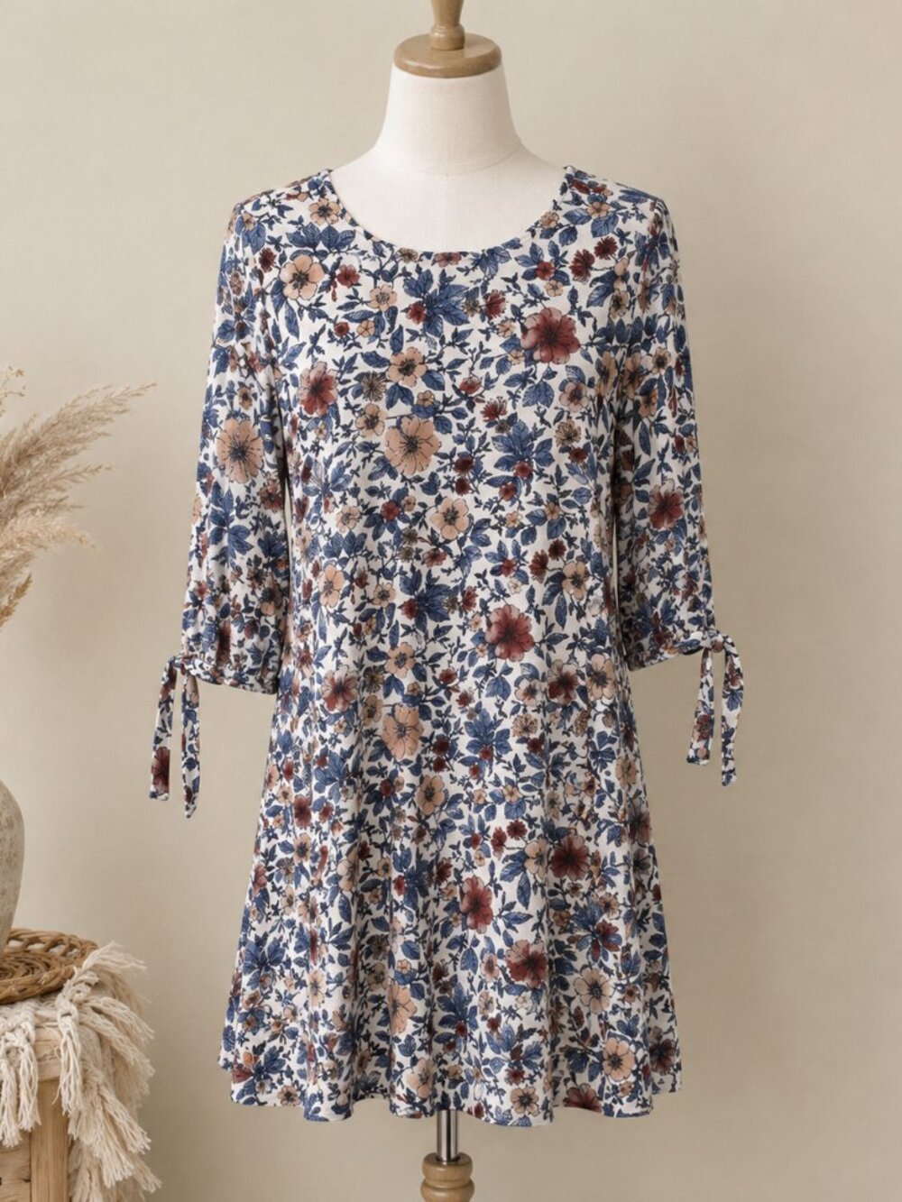 Mango Blue & Blush Floral Tie-Sleeve Tunic‎ Dress SZ S | Cottage, Boho, Feminine